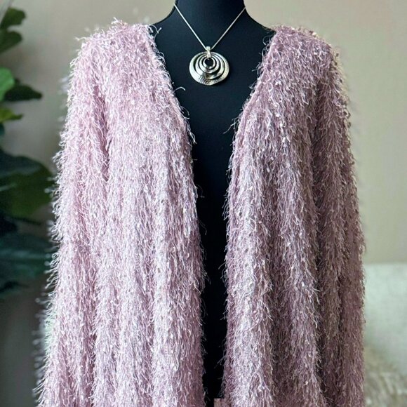Angel Heart Womens SOFT Mauve Fuzzy Fringe Cardigan Wrap Kimono 1XL Holidays - Picture 2 of 5